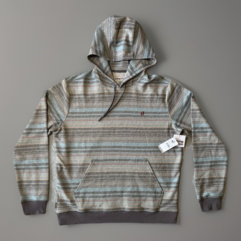 NWT Hang Ten Baha Men's Hoodie Blue Gray Striped Pullover‎ Hoodie Size Medium